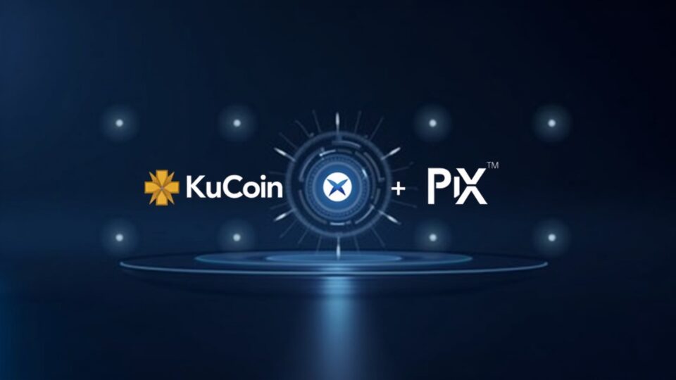 KuCoin Pay conectándose con el logotipo de Pix de Brasil en un entorno fintech, mostrando pagos cripto a moneda local.