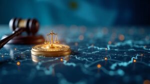 Libra luminoso sobre cadena de bloques, mazo y bandera argentina con flujos de datos que señalan congelamiento de activos.