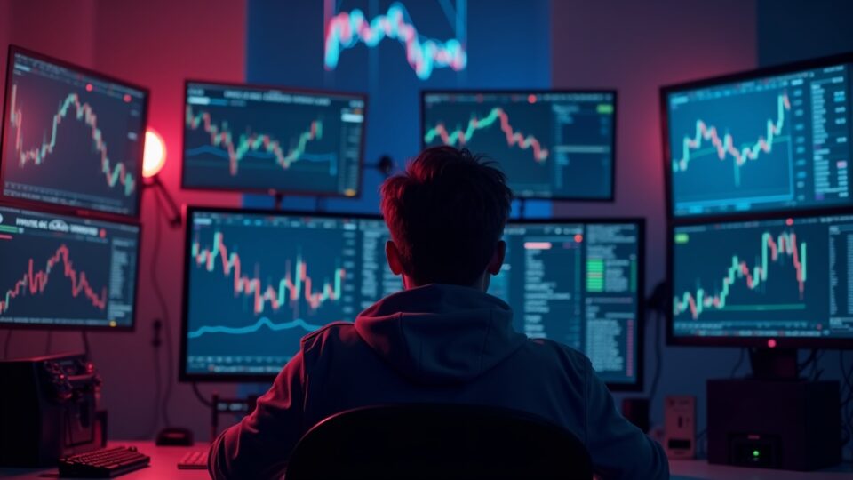 Trader frente a pantallas con gráficos cripto en caída, alertas de margen y logos de HyperLiquid y GMX