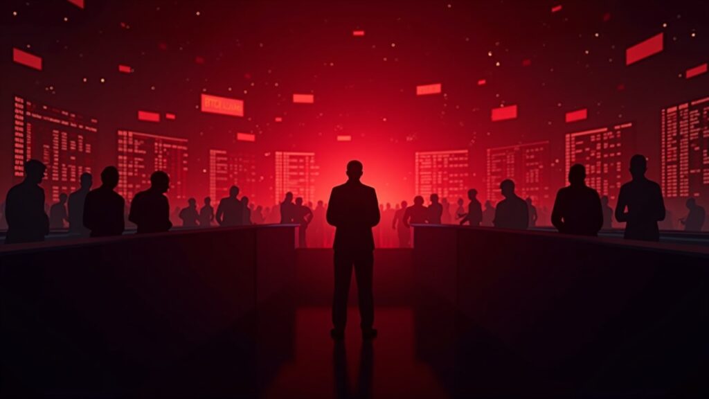 Piso de trading fotorealista con pantallas de BTC, ETH y DOGE en rojo y números de liquidación brillando; traders en silueta observan.