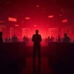 Piso de trading fotorealista con pantallas de BTC, ETH y DOGE en rojo y números de liquidación brillando; traders en silueta observan.