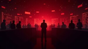Piso de trading fotorealista con pantallas de BTC, ETH y DOGE en rojo y números de liquidación brillando; traders en silueta observan.