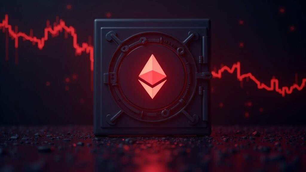 Validador ETH corporativo con logo de Ethereum, bóveda iluminada y un mercado en rojo que simboliza MAVAN.