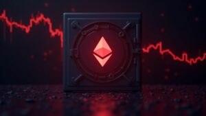 Validador ETH corporativo con logo de Ethereum, bóveda iluminada y un mercado en rojo que simboliza MAVAN.