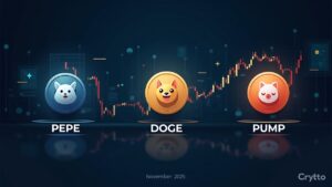 Encabezado cripto con PEPE, DOGE y PUMP, gráficos en alza y tipografía audaz, noviembre 2025.