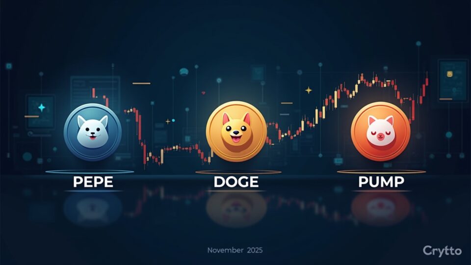Encabezado cripto con PEPE, DOGE y PUMP, gráficos en alza y tipografía audaz, noviembre 2025.
