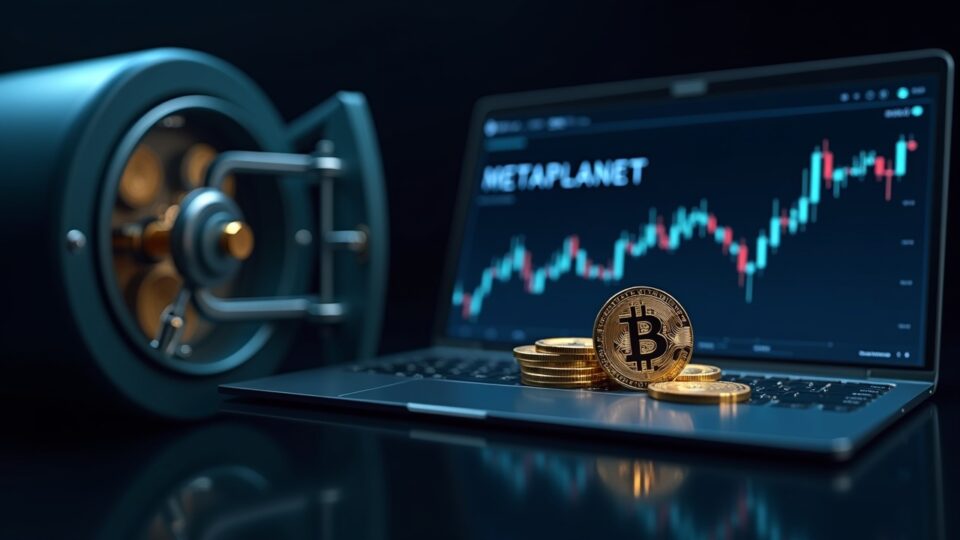 Bóveda corporativa con monedas de Bitcoin, tablero digital y gráficos ascendentes de Metaplanet.