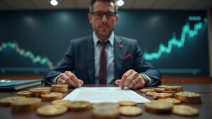 Figura central en mesa de noticias con Bitcoin, prestamo de 130M y gráfico BTC ascendente/descendente