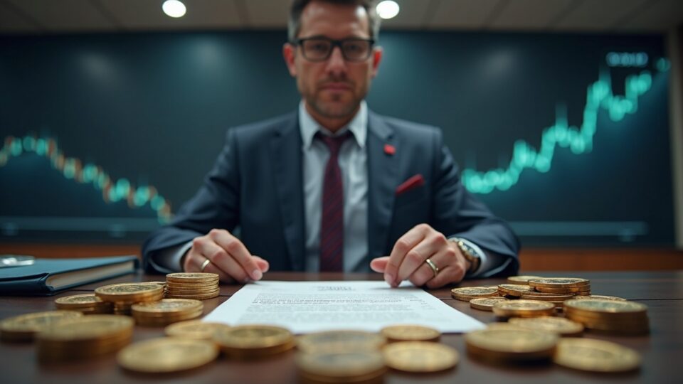 Figura central en mesa de noticias con Bitcoin, prestamo de 130M y gráfico BTC ascendente/descendente