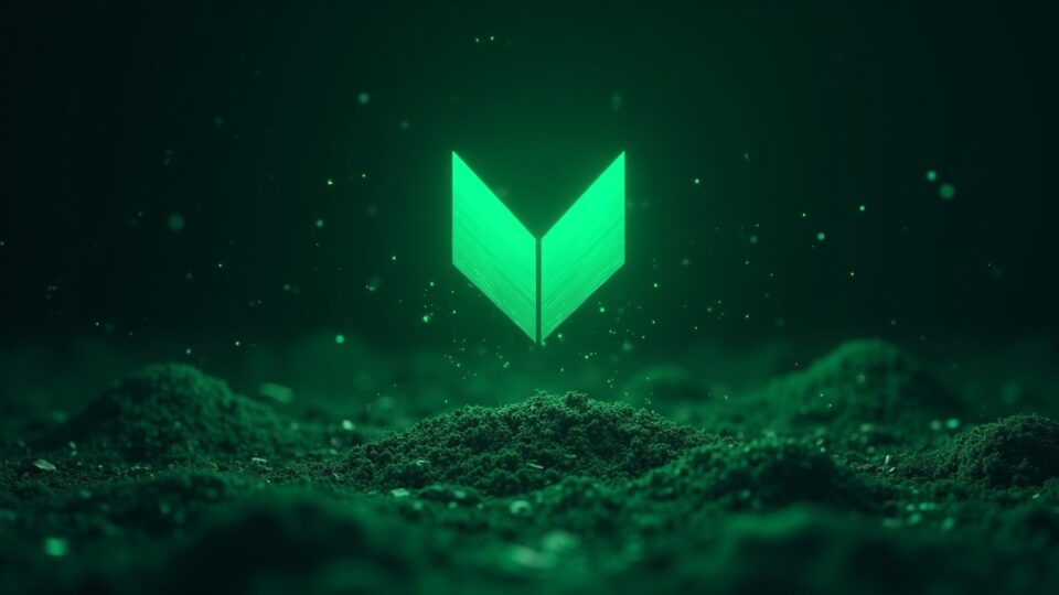 MON sobre una cuadrícula verde de blockchain, flujos de datos y cuenta regresiva hacia la mainnet en noviembre.