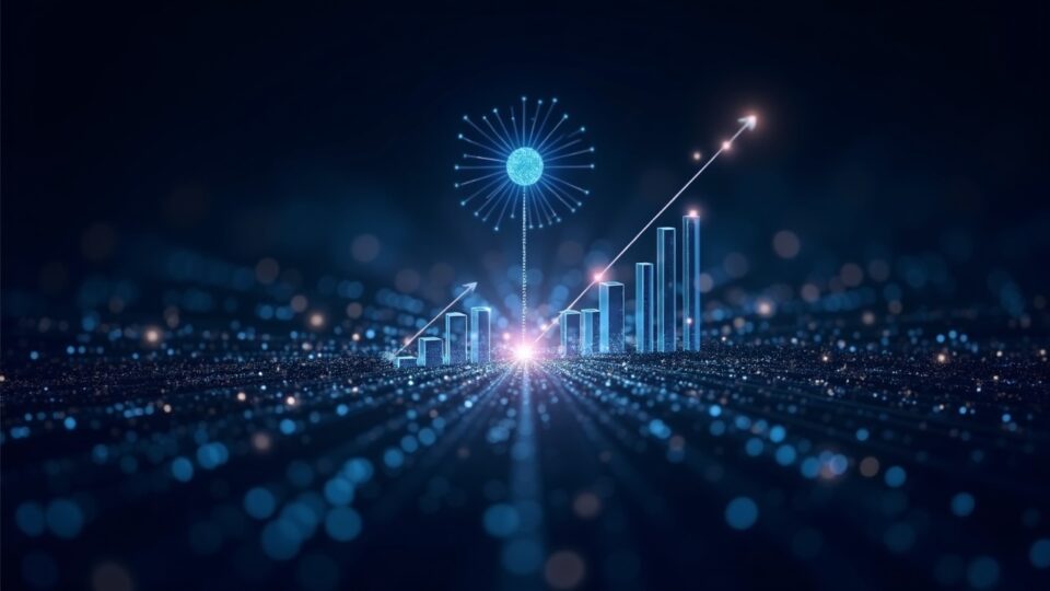 Encabezado fotorrealista de Monad en lanzamiento, red blockchain iluminada y gráficos de engagement en ascenso