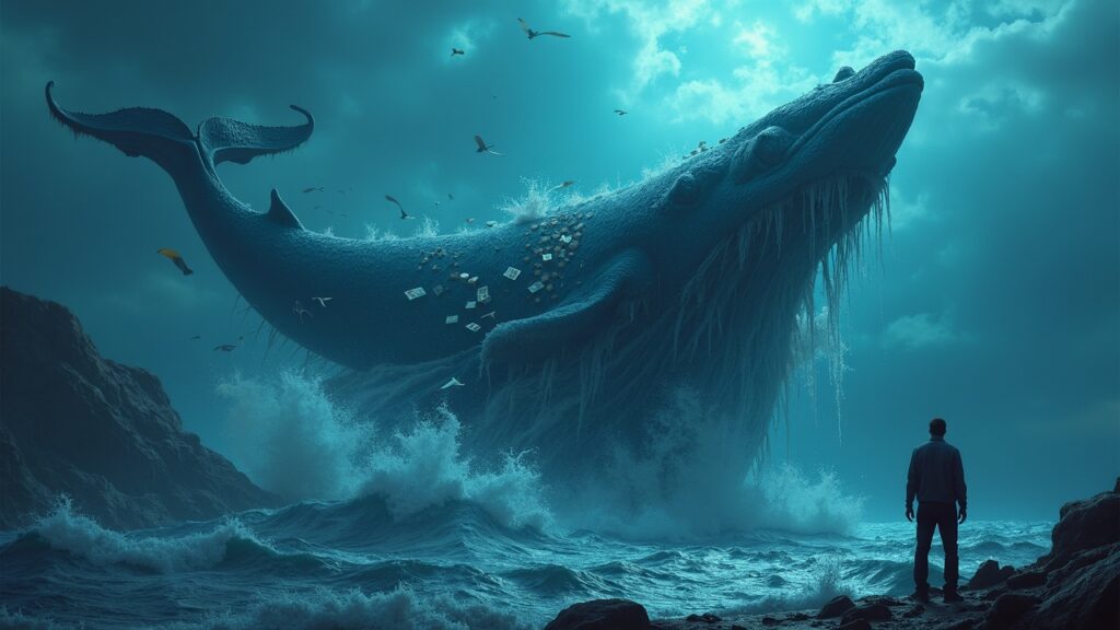 Escena fotorrealista: ballena cripto, MON en un ledger, y una figura pública alejándose, simbolizando sentimiento ambiguo.