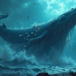 Escena fotorrealista: ballena cripto, MON en un ledger, y una figura pública alejándose, simbolizando sentimiento ambiguo.