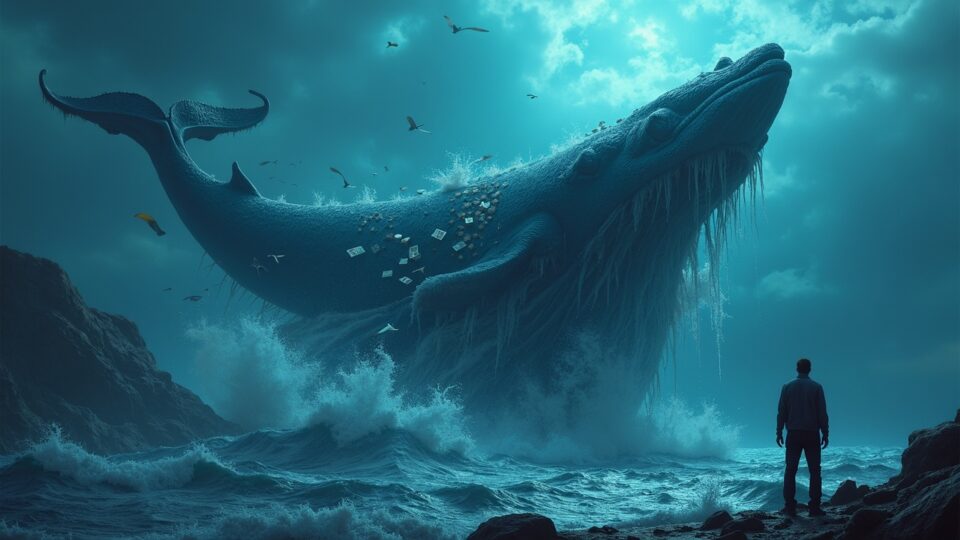 Escena fotorrealista: ballena cripto, MON en un ledger, y una figura pública alejándose, simbolizando sentimiento ambiguo.