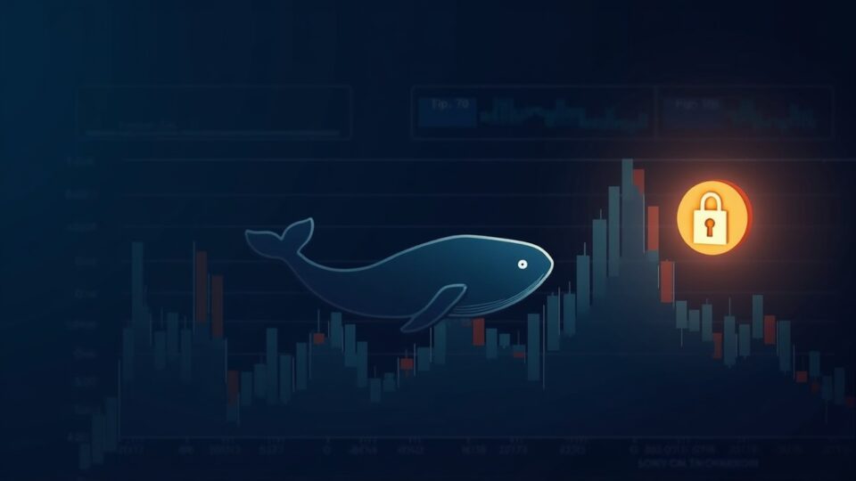 Silueta de una ballena sobre un gráfico de MON con candado y logo MON iluminado en un fondo cripto.