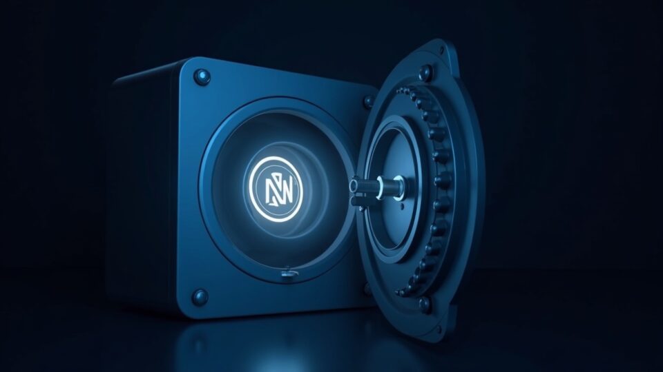 Holograma del token MON entrando a bóveda segura, vesting de cuatro años y calendario 24 nov 2025 en sala de prensa cripto.