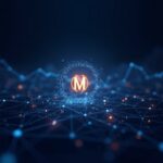 Logotipo de MONAD centrado en una red blockchain luminosa, con gráfico de precios al alza y 2M transacciones diarias.