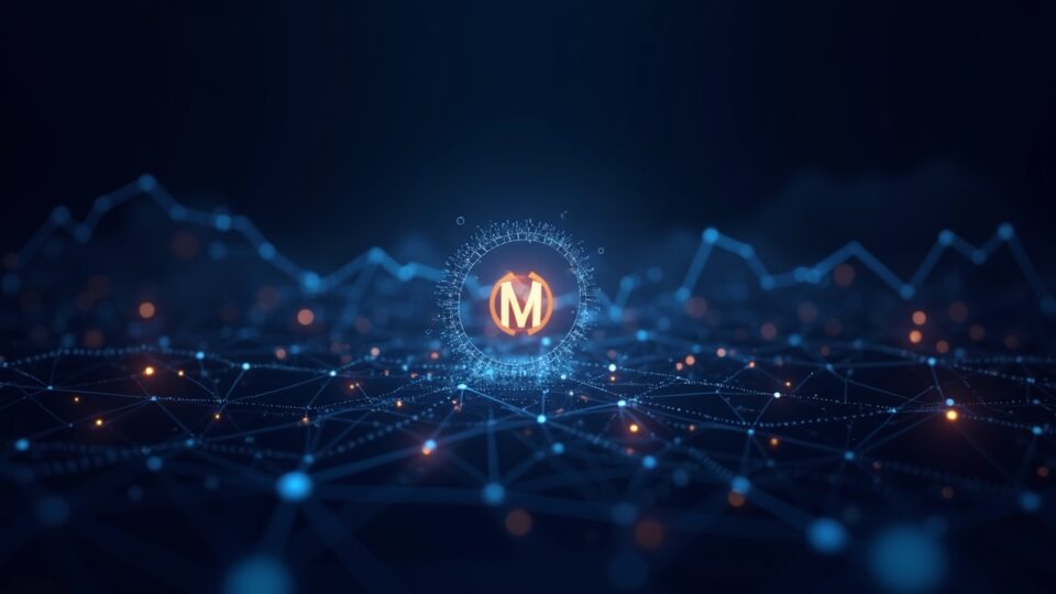 Logotipo de MONAD centrado en una red blockchain luminosa, con gráfico de precios al alza y 2M transacciones diarias.