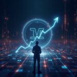 Holograma fotorealista del token MON subiendo sobre una rejilla de blockchain, con trader en el centro y fondo cripto.
