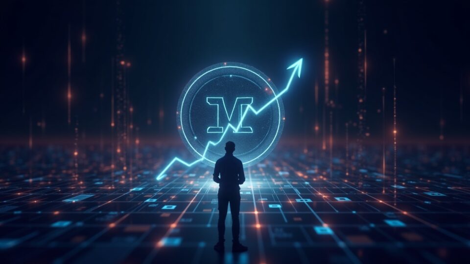 Holograma fotorealista del token MON subiendo sobre una rejilla de blockchain, con trader en el centro y fondo cripto.