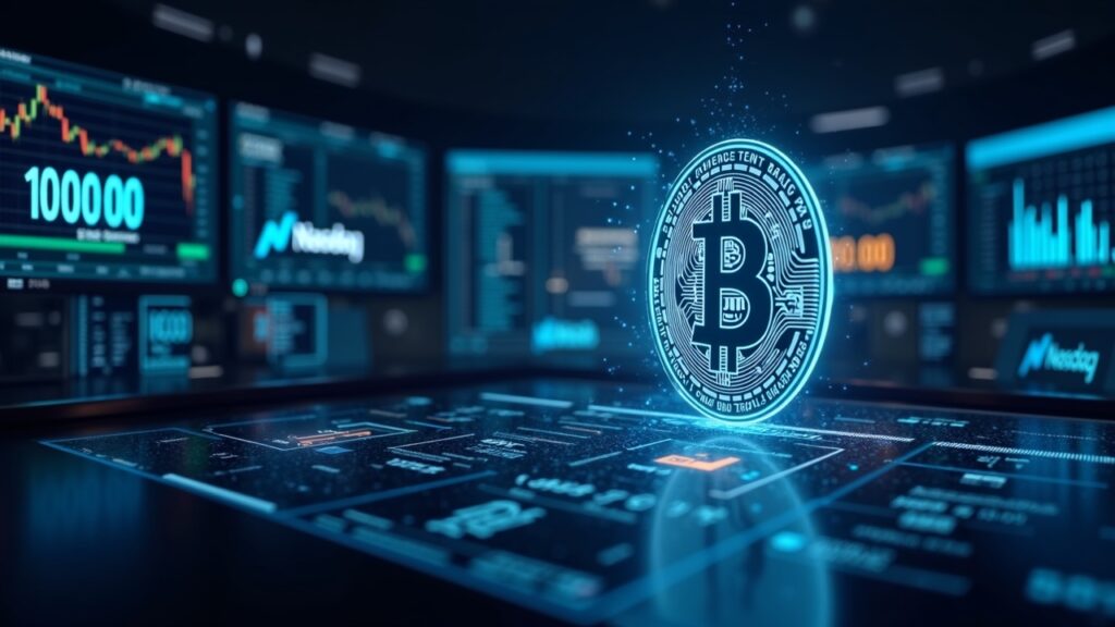 Trading floor with a glowing Bitcoin hologram and screens displaying 1,000,000 contracts, Nasdaq and SEC branding.