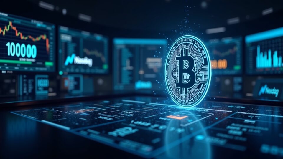 Trading floor with a glowing Bitcoin hologram and screens displaying 1,000,000 contracts, Nasdaq and SEC branding.