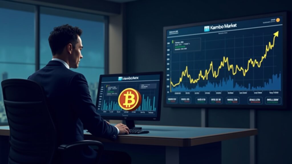 Escena de sala de redacción: trader en escritorio, Bitcoin en monitor, gráfico ascendente y tablero de mercados de opciones.