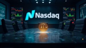 Sala de juntas realista con holograma de Toncoin y logo de Nasdaq, ilustrando escrutinio regulatorio y tesorería cripto.
