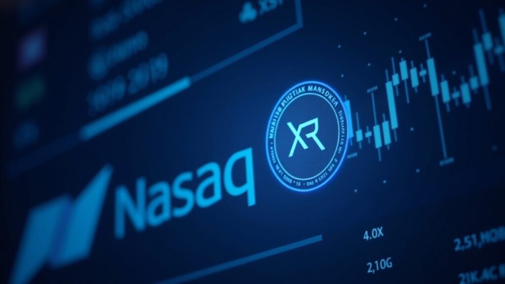 Escena Nasdaq con ticker XRP y moneda XRP brillando; estética fintech azul que sugiere acceso institucional a ETFs cripto.