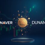 Portada fotorrealista de la fusión Naver-Dunamu, emblema de stablecoin en won y una sala de trading cripto.