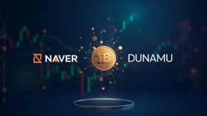 Portada fotorrealista de la fusión Naver-Dunamu, emblema de stablecoin en won y una sala de trading cripto.