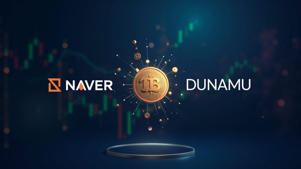 Portada fotorrealista de la fusión Naver-Dunamu, emblema de stablecoin en won y una sala de trading cripto.