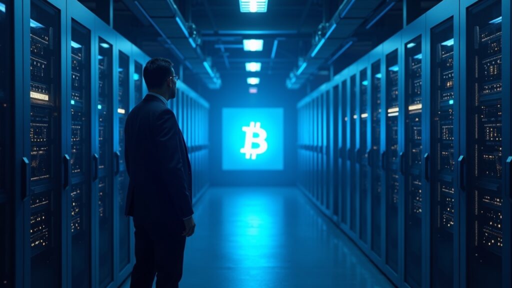 Granja de minería de Bitcoin con ASIC, iluminación azul, supervisor observa precio BTC alrededor de 100k y símbolo regulatorio.