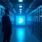 Granja de minería de Bitcoin con ASIC, iluminación azul, supervisor observa precio BTC alrededor de 100k y símbolo regulatorio.