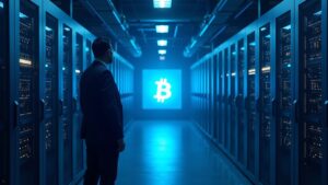 Granja de minería de Bitcoin con ASIC, iluminación azul, supervisor observa precio BTC alrededor de 100k y símbolo regulatorio.