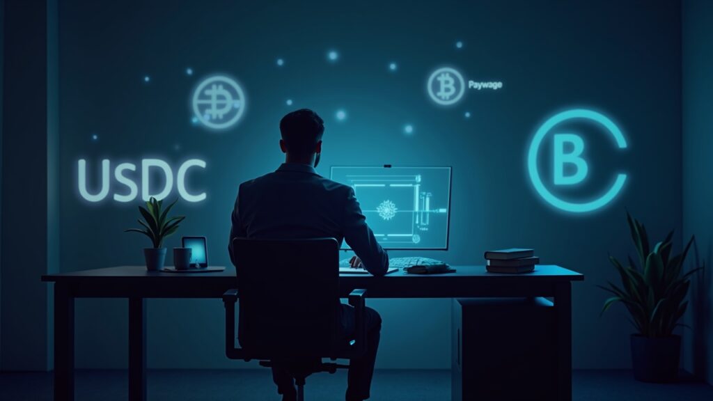 Directivo financiero en una oficina moderna, con logos de Paystand y Bitwage y símbolos de USDC, destacando nómina en stablecoins.