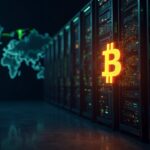 Servidor GPU Nvidia iluminado junto a un Bitcoin holográfico, con mapa mundial y tensiones regulatorias al fondo.