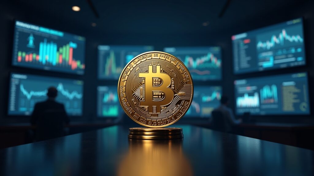 Retrato fotorrealista en sala de redacción con Pi Coin centrado, IOU en pantallas y fecha Open Mainnet 2025 al fondo.