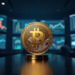 Retrato fotorrealista en sala de redacción con Pi Coin centrado, IOU en pantallas y fecha Open Mainnet 2025 al fondo.