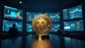 Retrato fotorrealista en sala de redacción con Pi Coin centrado, IOU en pantallas y fecha Open Mainnet 2025 al fondo.
