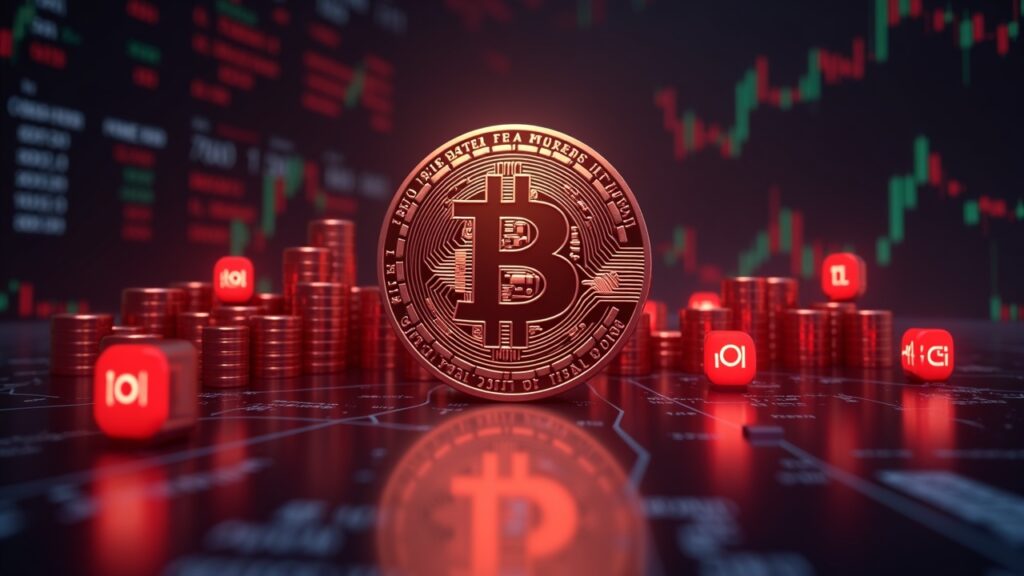 Pi Network en el centro con iconos de GameFi, barras rojas de venta y tickers IOU, simbolizando liquidez especulativa.