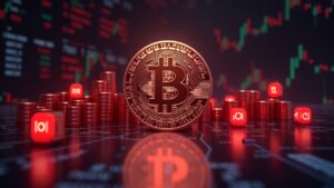 Pi Network en el centro con iconos de GameFi, barras rojas de venta y tickers IOU, simbolizando liquidez especulativa.