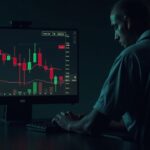 Trader cripto en escritorio moderno con gráfico DOT, caída del 4% y resistencia en 2,40, velas rojas y verdes.