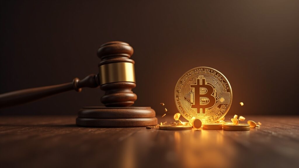 Escena de sala de justicia con maza y moneda cripto luminosa, ilustra un fraude Ponzi de 9,4 millones.