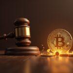 Escena de sala de justicia con maza y moneda cripto luminosa, ilustra un fraude Ponzi de 9,4 millones.