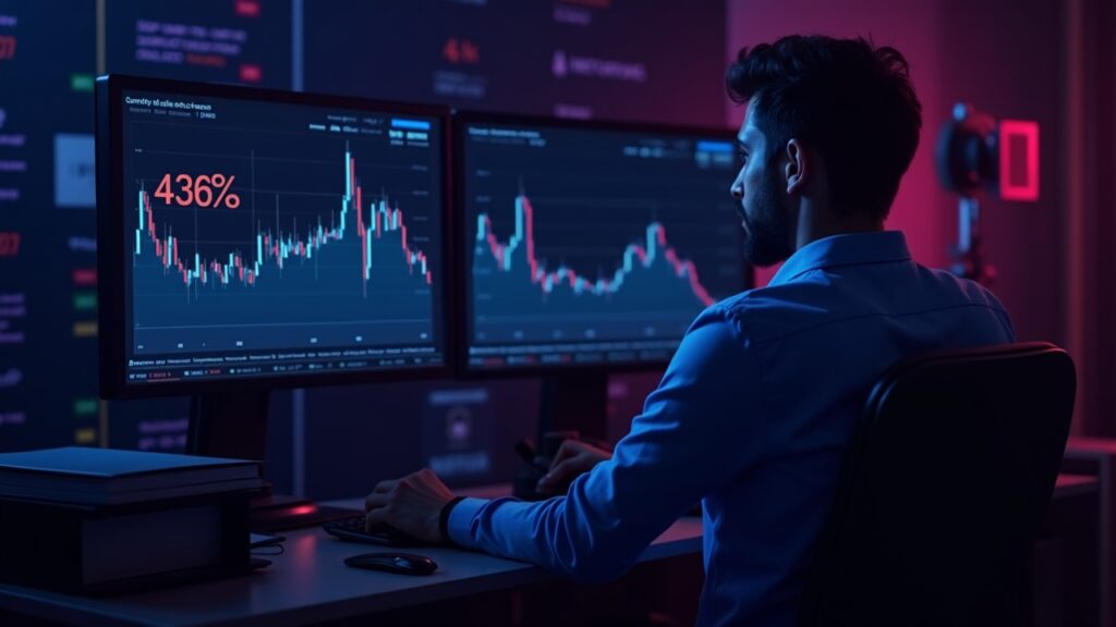 Trader fotorealista en escritorio neón, pantalla muestra 436M USDC saliendo y gráfico -24% en ledger, riesgo regulatorio.