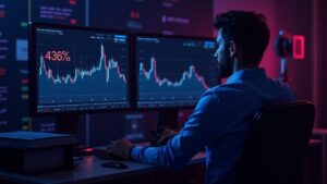 Trader fotorealista en escritorio neón, pantalla muestra 436M USDC saliendo y gráfico -24% en ledger, riesgo regulatorio.