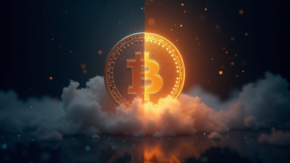 Moneda cuántica brillante emergiendo sobre una nube de qubits, eclipsando un libro mayor de blockchain