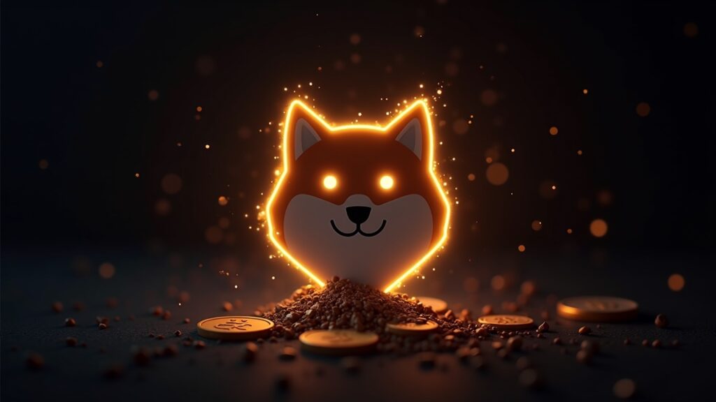 Logo de Shiba Inu con efecto de quema digital borrando SHIB, junto a gráfico de oferta y nodos Shibarium en fondo blockchain