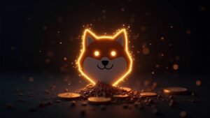 Logo de Shiba Inu con efecto de quema digital borrando SHIB, junto a gráfico de oferta y nodos Shibarium en fondo blockchain